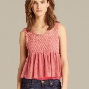 Free People Park Slope Babydoll Tank-Size XS-Lace-Sheer- Rustic Rose - Peplum